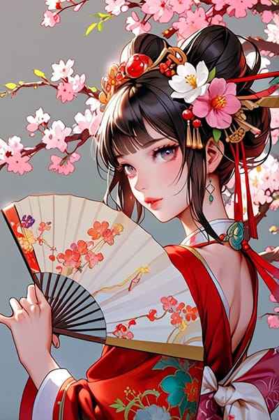 Xem hình ảnh AI cô gái có bộ váy đỏ và chiếc quạt hoa văn đẹp