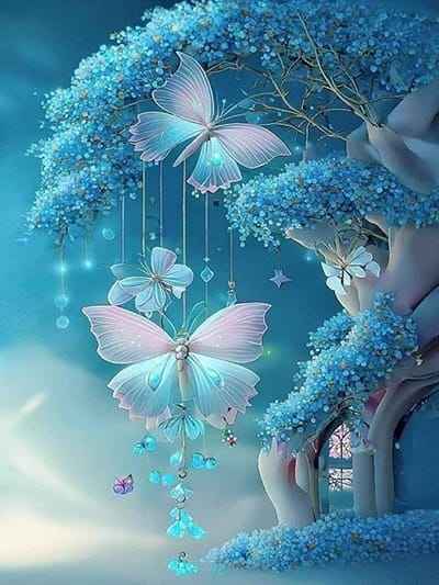 Xem hình ảnh AI Cây cổ thụ với tán lá xanh ngọc và những con bướm xinh