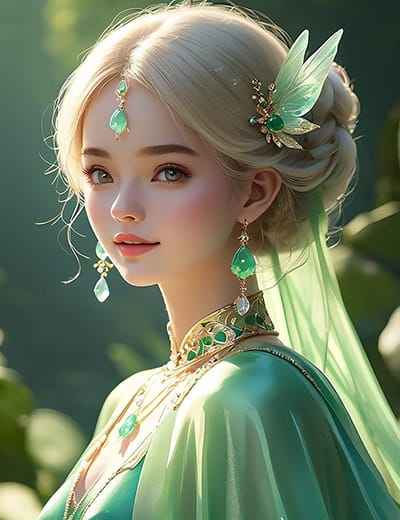 Xem hình ảnh AI Cô gái có chiếc váy xanh kết hợp những viên ngọc bích đẹp