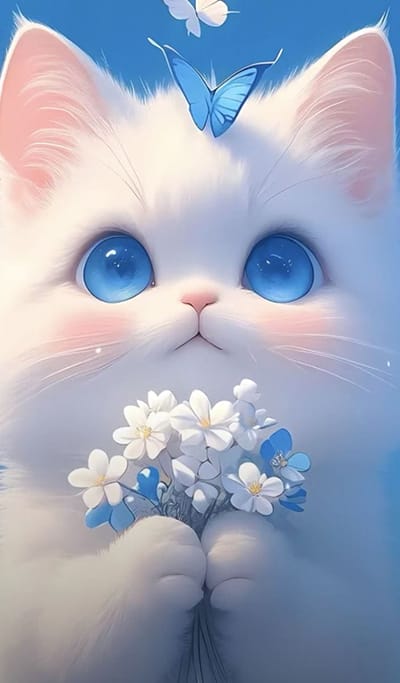 Xem hình ảnh AI Chú mèo với đôi mắt màu xanh dương và ôm bó hoa tuyệt đẹp
