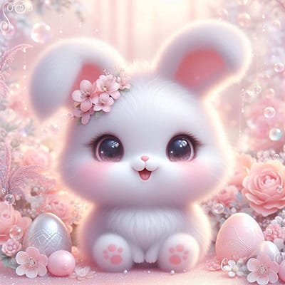 Xem hình ảnh AI Chú thỏ trắng tuyệt đẹp kết hợp trang trí nghệ thuật với gam mà hồng
