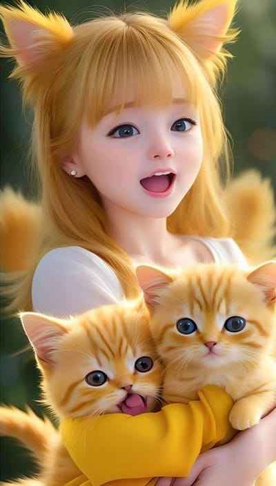 Xem hình ảnh AI Cô bé ôm hai chú mèo vàng dễ thương trên tay