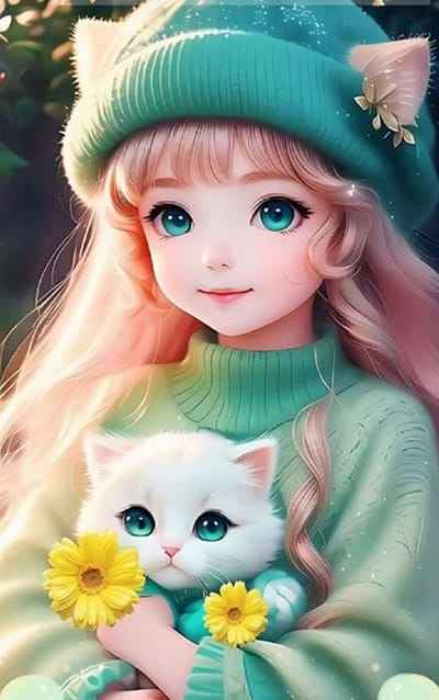 Xem hình ảnh AI Cô bé ôm chú mèo trắng mặc bộ trang phục màu xanh đẹp mắt