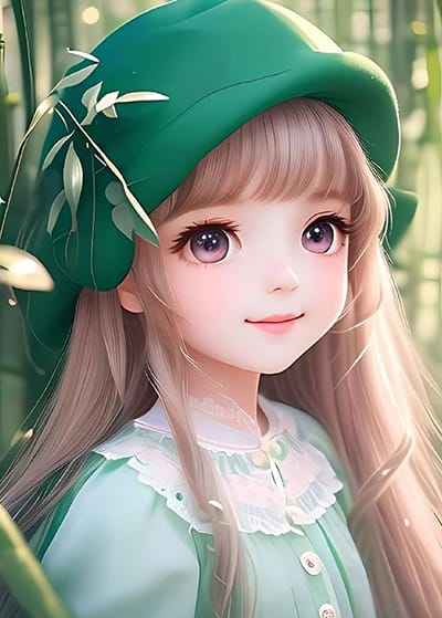 Xem hình ảnh AI Cô bé cới chiếc váy và mũ màu xanh ngọc rất đáng yêu