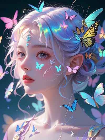 Xem hình ảnh AI Có gái có mái tóc bạch kim cùng với những chú bướm sắc màu rực rỡ