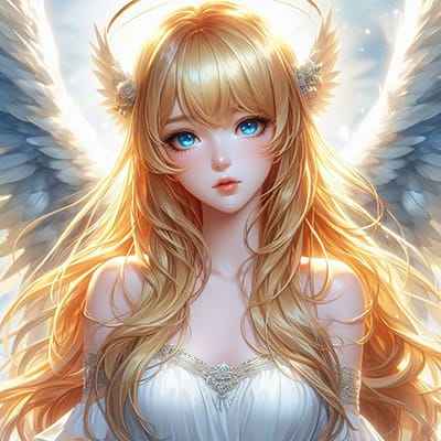 Xem hình ảnh AI Cô gái đẹp như thiên thần với đôi mắt xanh, mái tóc vàng và đôi cánh trắng