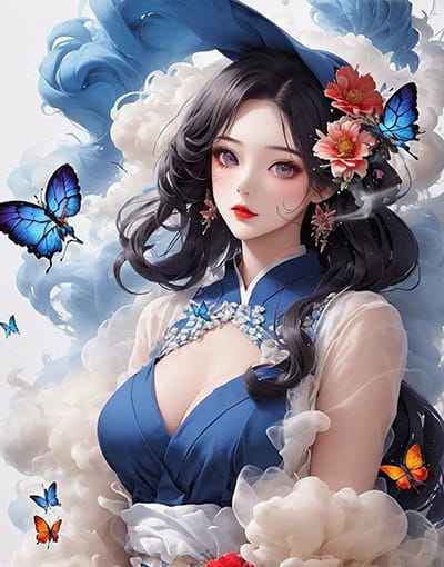 Xem hình ảnh AI Cô gái tạo dáng cùng mây trắng bồng bềnh và những con bướm xinh