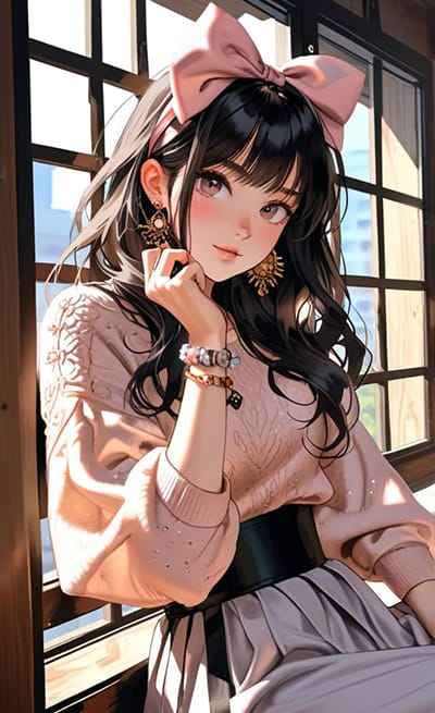 Xem hình ảnh AI anime cô gái xinh đẹp ngồi tựa lưng cửa xổ