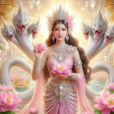 Xem hình ảnh AI Cô gái xinh đẹp taọ dáng cùng hoa sen và hai con rắn ba đâu