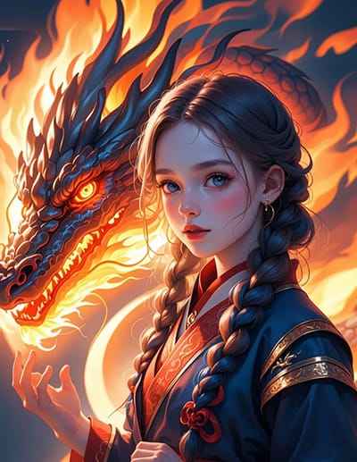 Xem hình ảnh AI Cô gái xinh đẹp với bộ trang phục cổ điển và rồng thiêng