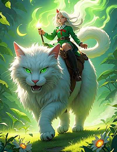 Xem hình ảnh AI anime cô gái cởi trên lung linh thú có bộ lông trắng và đôi mắt xanh