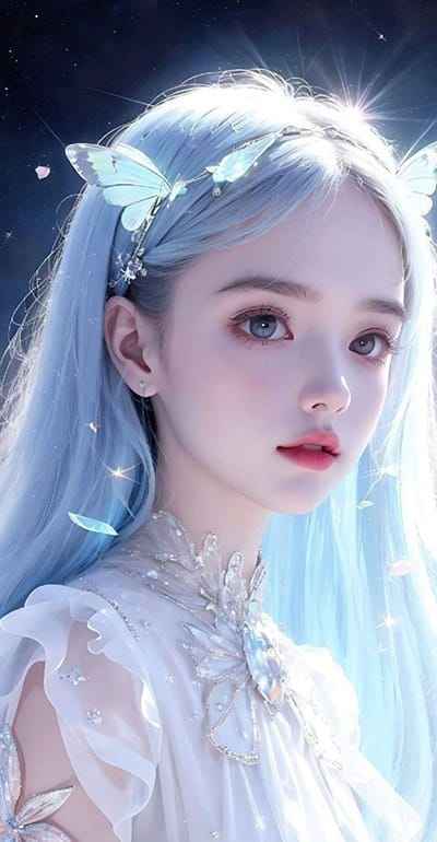 Xem hình ảnh AI Gương mặt đẹp như thiên thần cùng đôi mắt sấng và gam màu trắng