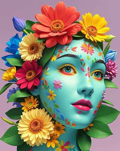 Xem hình ảnh AI Những bông hoa muôn màu rực rỡ kết hợp với gương mặt nàu xanh