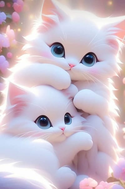 Xem hình ảnh AI Hai chú mèo trắng tạo hình cùng những bông hoa nghệ thuật