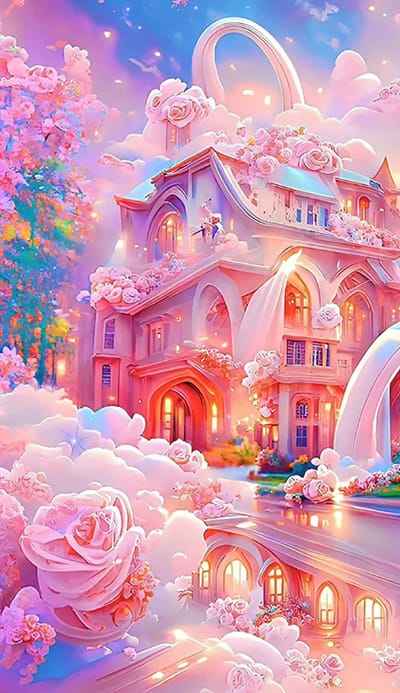 Xem hình ảnh AI Lâu đài màu hồng kết hợp hoa lá đẹp như tiên cảnh