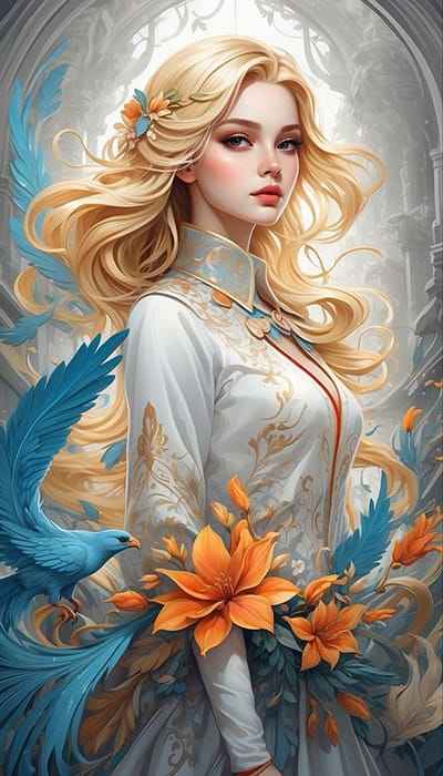 Xem hình ảnh AI Cô gái có mái tóc vàng kết hợp những bông hoa màu cam tuyệt đẹp