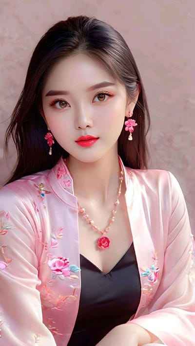 Xem hình ảnh AI Thiếu nữ xinh đẹp với đôi môi đỏ và chiếc áo màu hồng