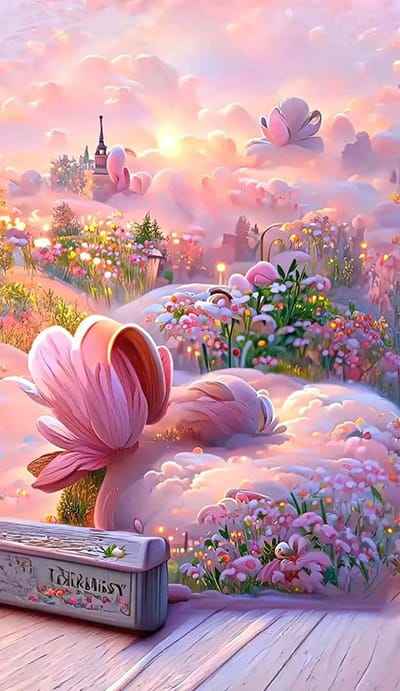 Xem hình ảnh AI Vườn hoa sắc màu rực rỡ kếp hợp với nhứng áng mây hồng