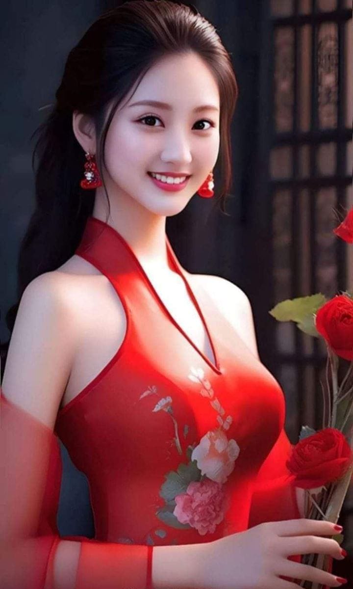 Hình ảnh cô gái mặc chiếc váy đỏ và cầm trên tay bông hoa hồng đẹp chói lóa