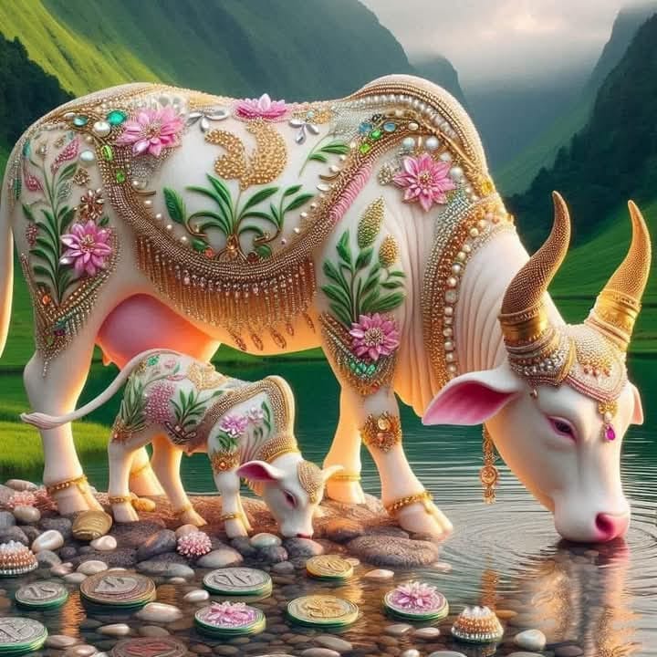 Hình ảnh hoa văn đẹp của hai mẹ con Bò đang uống nước sản phẩm từ AI