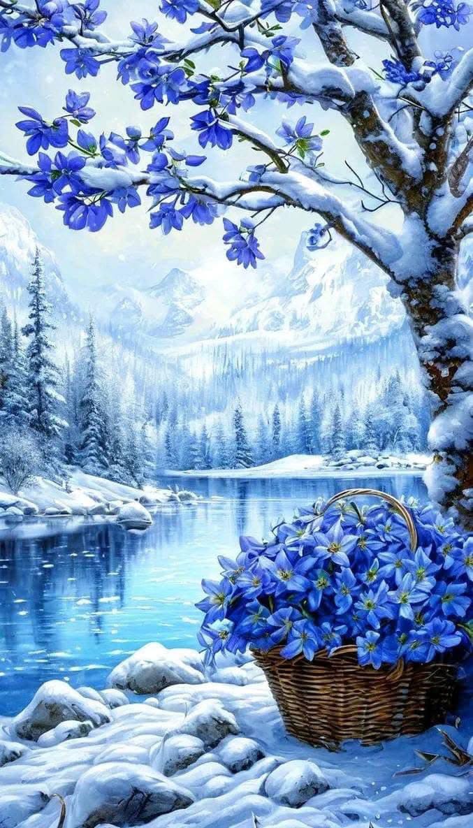 Hình ảnh giỏ hoa bên hồ tuyết tuyệt đẹp sản phẩm từ AI
