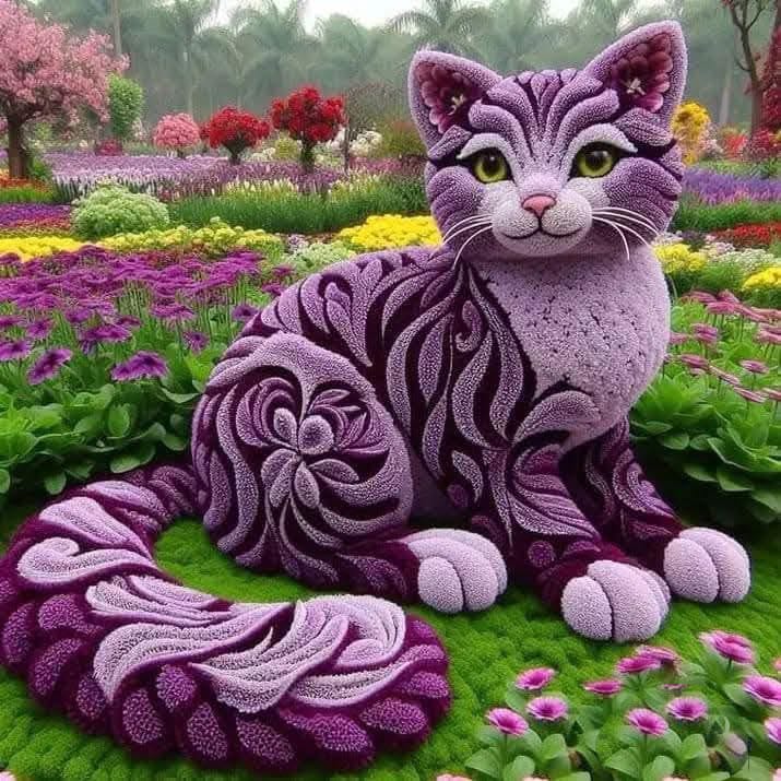 Hình ảnh hàng ngàn bông hoa tím tạo hình chú mèo sản phẩm từ AI