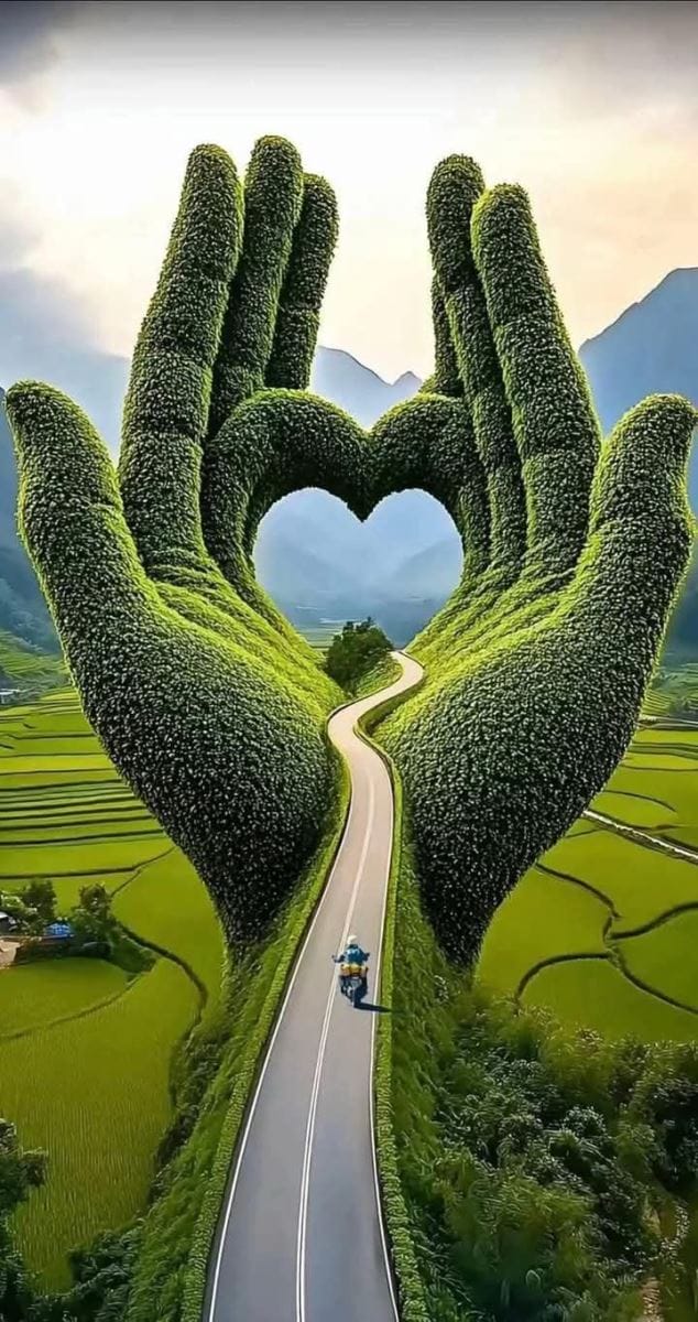 Hình ảnh con đường được nâng đỡ bởi đôi bàn tay thiên nhiên nghệ thuật