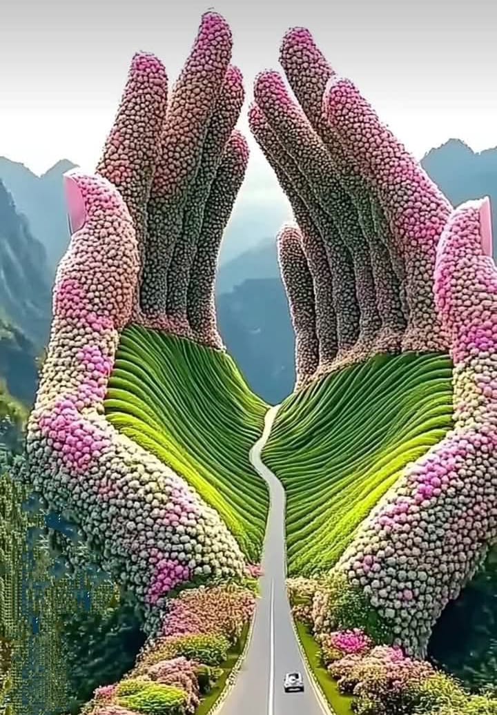 Hình ảnh đôi bàn tay hoa nâng đỡ con đường sản phẩm từ AI