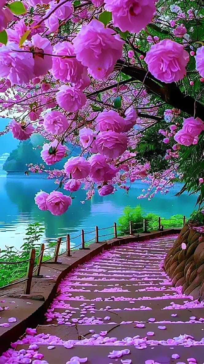 Hình ảnh hoa hồng tím tran ngập trên con đường