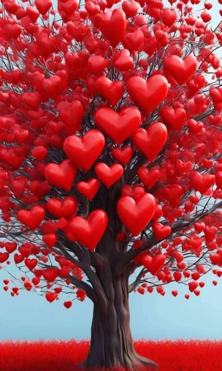 Hình ảnh cây cổ thụ với những trái tim đỏ rực sản phẩm từ AI