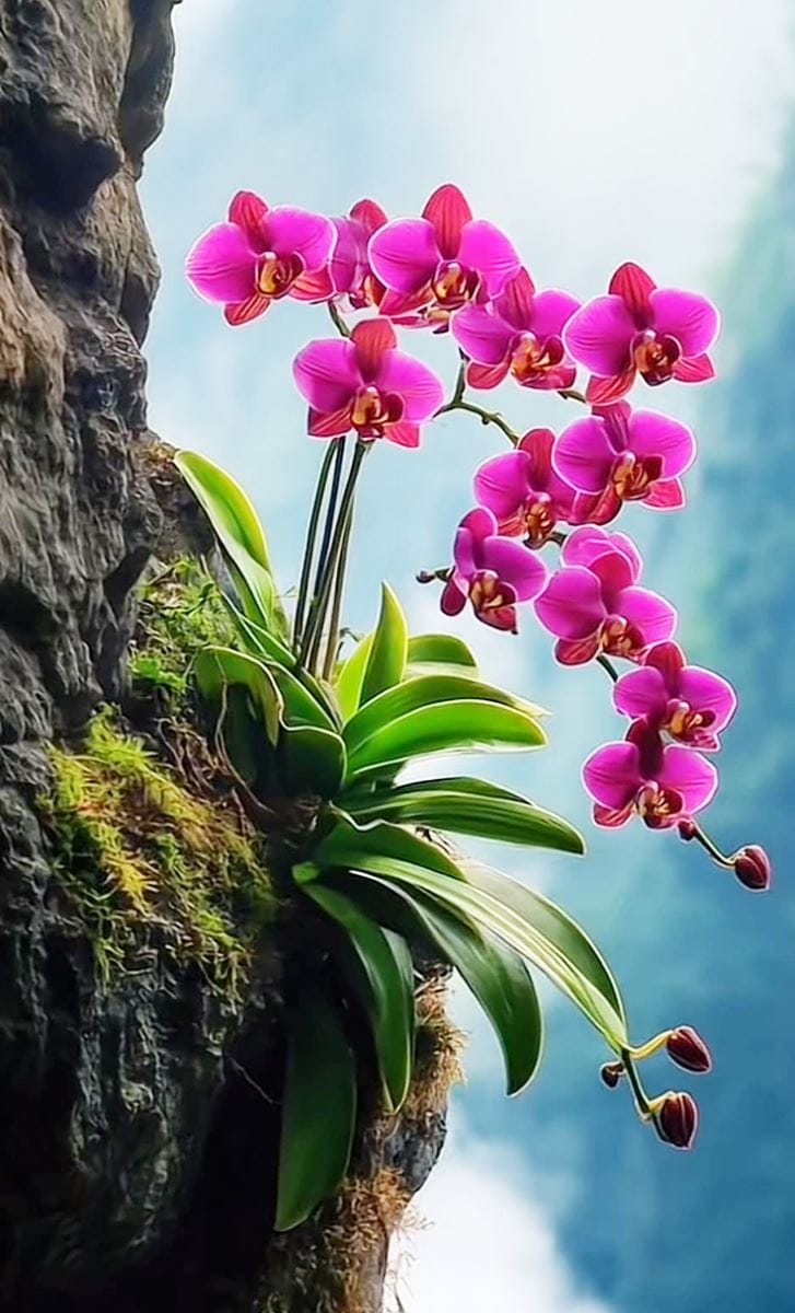 Hình ảnh những bông hoa phong lan tím mọc lên từ đỉnh núi cao