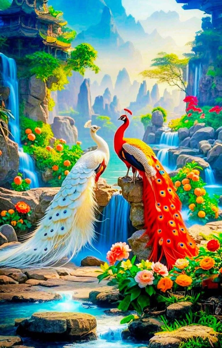 Khung ảnh đẹp như tiên cảnh cùng đôi chim công sản phẩm từ AI