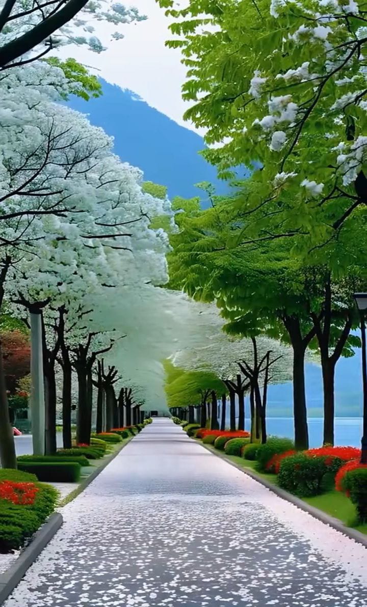 Hình ảnh hàng cây với hoa trắng phủ kín con đường tuyệt đẹp