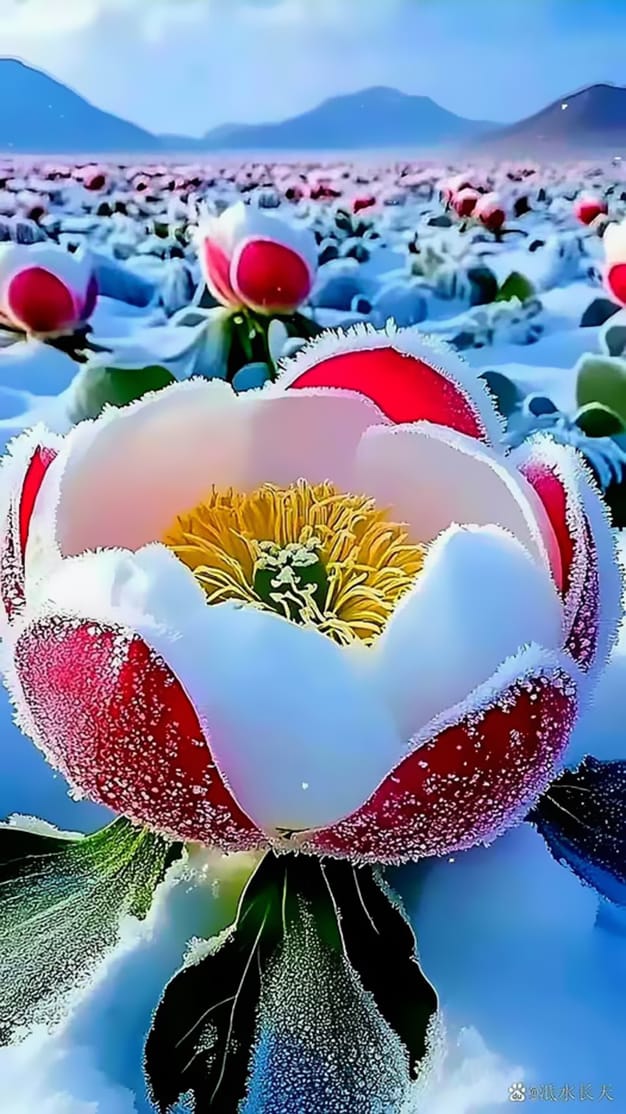 Hình ảnh rừng hoa nở rộ trong tuyết tuyệt đẹp sản phẩm từ AI