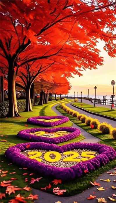 Hình ảnh con đường nghệ thuật với hoa tạo dòng chữ 2025
