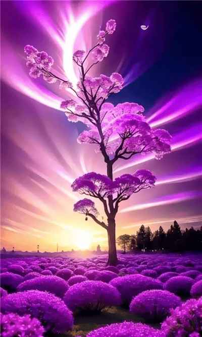 Hình ảnh bầu trời màu tím giữa cây và hoa