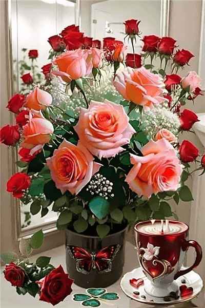 Hình ảnh bình hoa kết hợp cốc ca phê lãng mạn