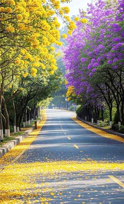 Hình ảnh con đường rực rỡ sắc hoa vàng, tím