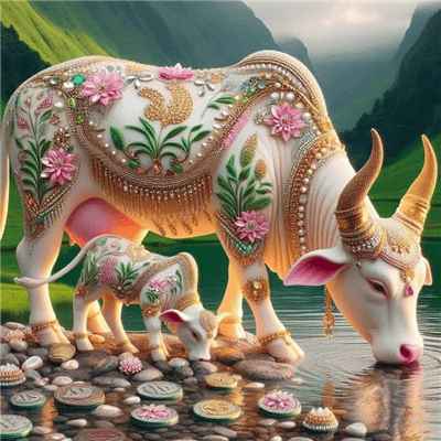 Hình ảnh hoa văn đẹp của hai mẹ con Bò đang uống nước sản phẩm từ AI