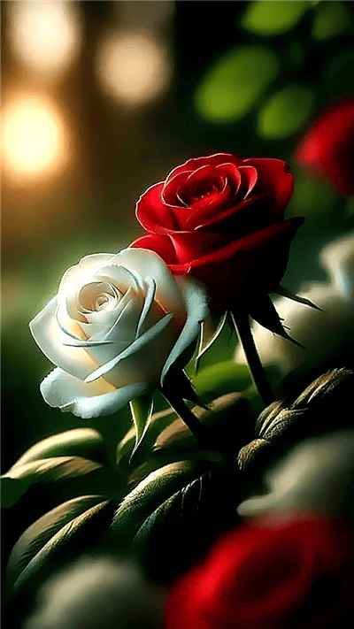 Hình ảnh hai bông hoa hồng màu đỏ và trắng tượng chưng cho đôi tình yêu đẹp