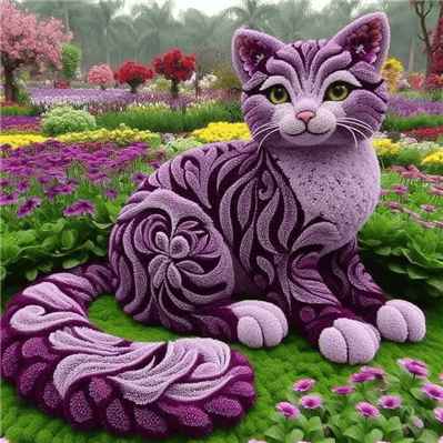 Hình ảnh hàng ngàn bông hoa tím tạo hình chú mèo sản phẩm từ AI