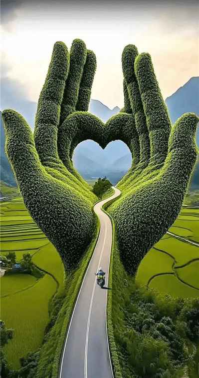 Hình ảnh con đường được nâng đỡ bởi đôi bàn tay thiên nhiên nghệ thuật