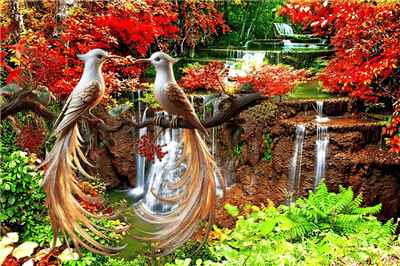 Hình ảnh đôi chim uyên ương trong rừng cây lá đỏ sản phẩm từ AI