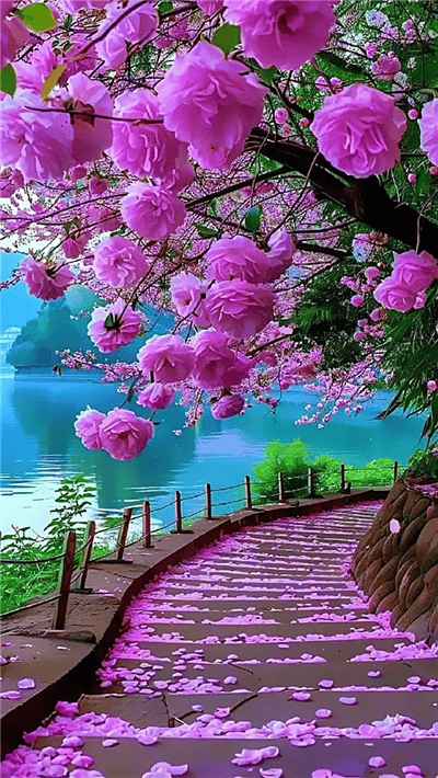 Hình ảnh hoa hồng tím tran ngập trên con đường