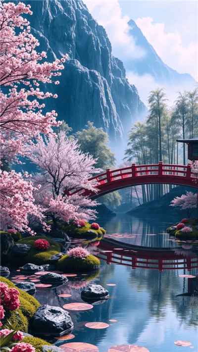 Hình ảnh hoa anh đào và cây cầu đỏ biểu tượng của nước Nhật