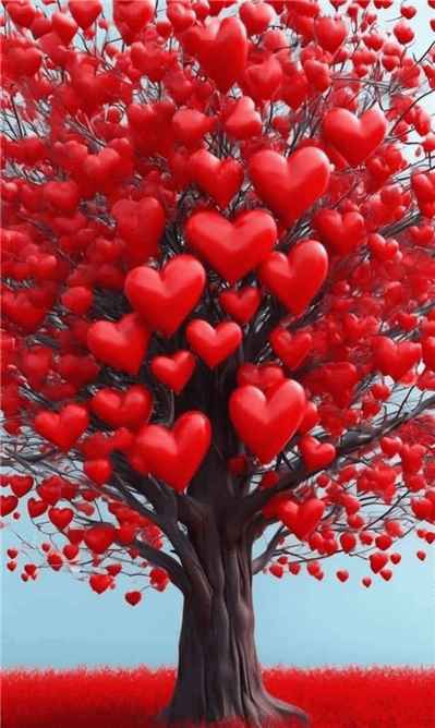 Hình ảnh cây cổ thụ với những trái tim đỏ rực sản phẩm từ AI