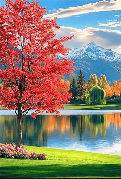 Hình ảnh yên bình với mặt hồ phẳng lặng và cây lá đỏ đẹp