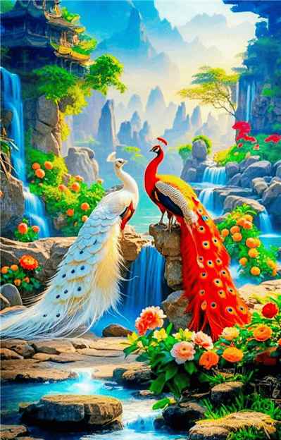 Khung ảnh đẹp như tiên cảnh cùng đôi chim công sản phẩm từ AI