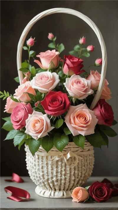 Hình ảnh lẵng hoa hồng với nhiều màu sắc tuyệt đẹp