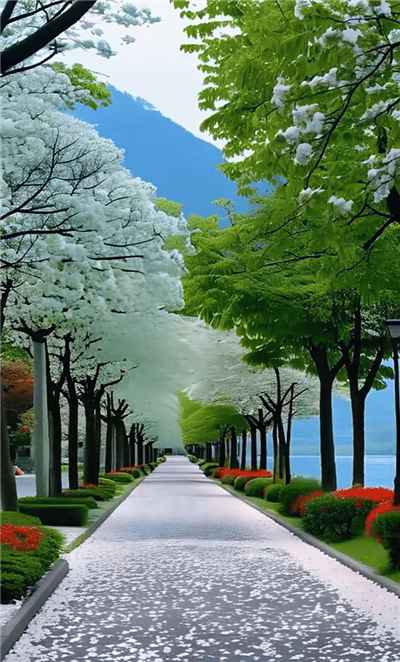 Hình ảnh hàng cây với hoa trắng phủ kín con đường tuyệt đẹp